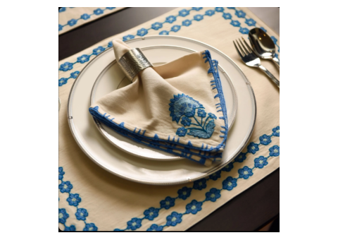 Ocean Thread Placemat – Hand Embroidered Blue Floral Design - 2/3