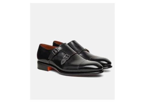 Santoni Polished Black Leather Double Monk