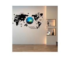 3D Wooden World Map with Aesthetic Dial Wall Clock