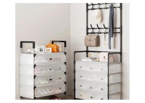 Multi-Layer Bedroom Storage Organizer with Shoe Cabinet & Hanging Rack