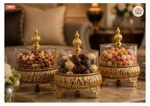 Exquisite 3-Piece Golden Base Glass Jars with Lid 1168