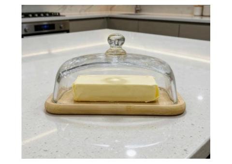 Modern Bamboo Base Butter Dish with Clear Glass Dome - 2/2