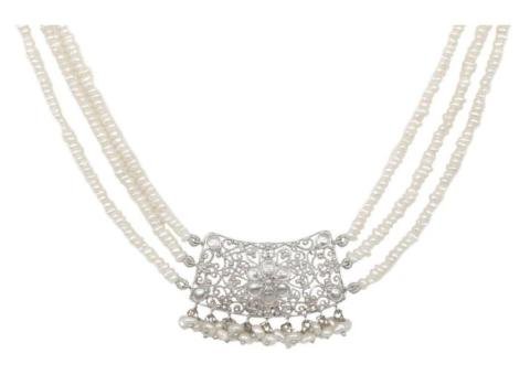 Taarkashi Silver Necklace with Three Pearl Strings - 2/2