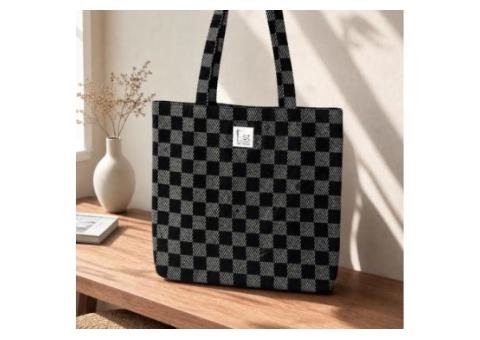 Elegant Checkered Cotton Tote Bag